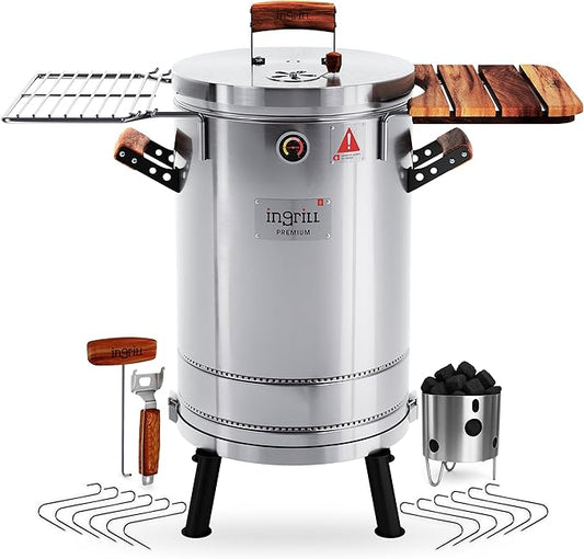 3-in-1 Stainless Steel Smoker Barrel Grill Premium– Portable Charcoal BBQ with Thermometer, 25 lbs Outdoor Cooking Smoker for Camping, Backyard & Home BBQ INGRILL