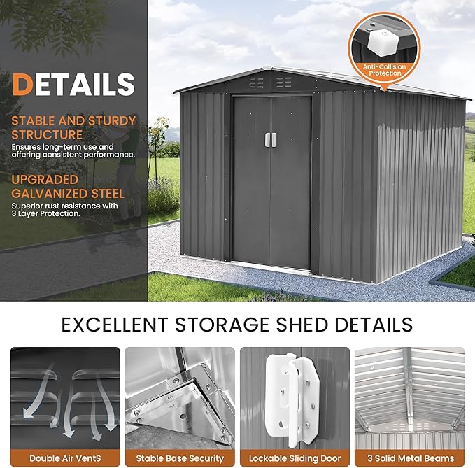 8x6 FT Outdoor Metal Storage Shed with Lockable Garden Shed Steel Anti-Corrosion Storage House with Sliding Lockable Door for Backyard Outdoor Patio, Light Gray