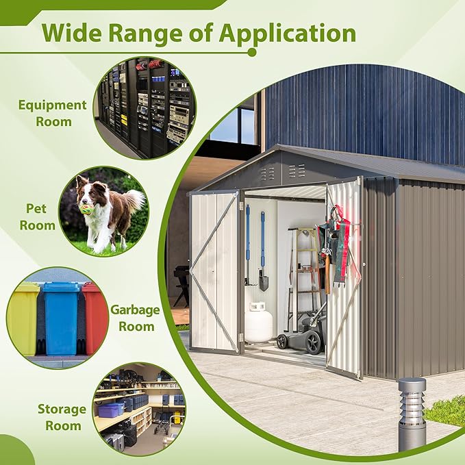 Favfurish Outdoor Storage Shed 10x8FT, Heavy Duty Tool Sheds with Lockable Door & Shutter Vents, Waterproof Garden Shed for Backyard Lawn Patio, Black