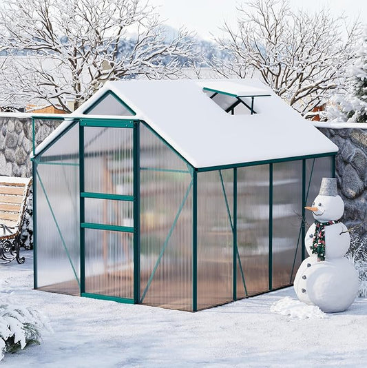 GarveeHome 6 x 8 FT Polycarbonate Greenhouse, Winter Greenhouses for Outdoors with Aluminum Frame, Sliding Door, Adjustable Roof Vent, Backyard Green Houses, Patio Garden, Green