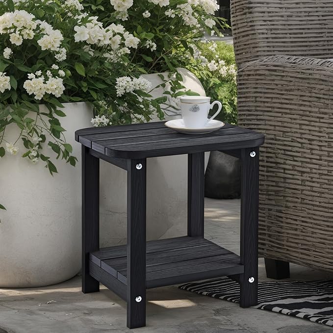 UQQUUNIQ 2-Tier Outdoor Side Table, 16" Adirondack Small Side Table All Weather Resistant, Patio End for Outside or Indoor, Patio, Yard, Pool, Porch, Garden, Black