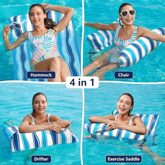 Jasonwell Water Hammock Pool Floats - Fabric Inflatable Pool Hammock Float Floaties 4 in 1 (Saddle Lounge Chair Drifter) Lake Beach Floating Loungers Swimming Pool Rafts Toys for Adults