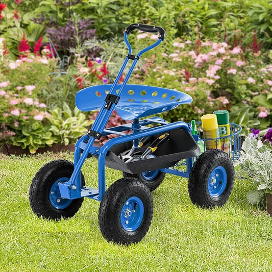 Goplus Rolling Garden Cart with Seat, Outdoor Garden Stool with Wheels, Tool Tray & Basket, Adjustable Steering Handle, 360 Degree Swivel Seat for Planting, Gardening Scooter for Lawn, Yard, Patio