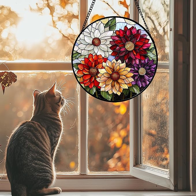 AMDERVEN Stained Glass Window Hanging, Colorful Flowers Sun Catcher for Window Door Home Decor Plant Suncatcher Christmas Mother's Day Birthday Gifts for Women Men Mom and Nana 9.8 in
