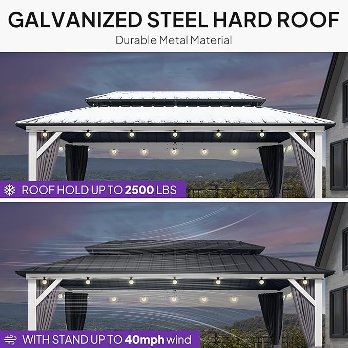 PURPLE LEAF 8' X 14' Outdoor Gazebo Galvanized Steel Double Roof White Aluminum Frame Hardtop Heavy Duty Gazebo with Curtain and Netting for Patio Garden and Backyard, Grey