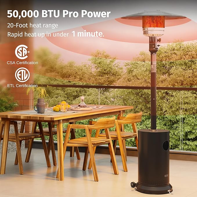 EAST OAK 50,000 BTU Patio Heater for Outdoor Use With Round Table Design, Double-Layer Stainless Steel Burner and Wheels, Outdoor Patio Heater for Home and Commercial, Bronze, 31.9" x 31.9" x 86.6"