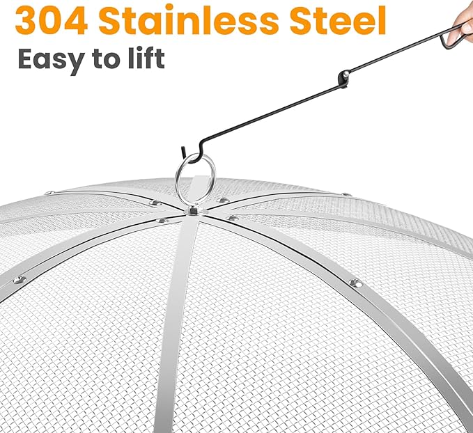 Fire Pit Spark Screen 27 Inch Round, Heavy Duty Stainless Steel Outdoor Fire Pit Screen Cover with Foldable Hook & Fire Safety Gloves, Mesh Spark Protector for Backyard, Camping, Beach