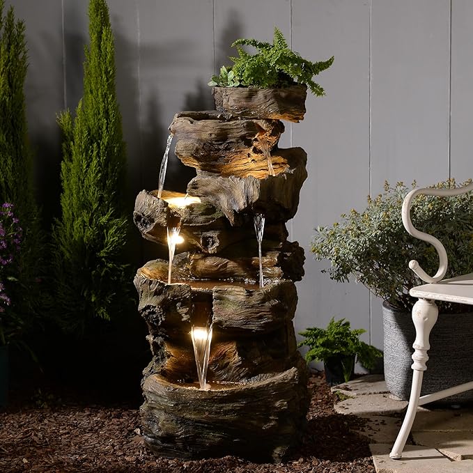 Bumilgar 40.6" H Wood-Like Water Fountain Indoor & Outdoor, 5-Tier Natural Cascading Waterfall with LED Light for Patio, Porch, Garden, Home Decor, Medium Wood