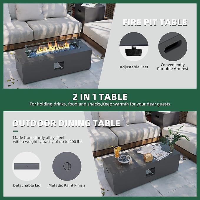 UPHA 42-inch Outdoor Propane Gas Fire Pit Table 50000 BTU Iron Rectangle Firepit for Outside Patio with Tank Hidden Table, Wind Guard, Removable Lid, Blue Glass Rocks, Rain Cover, Grey