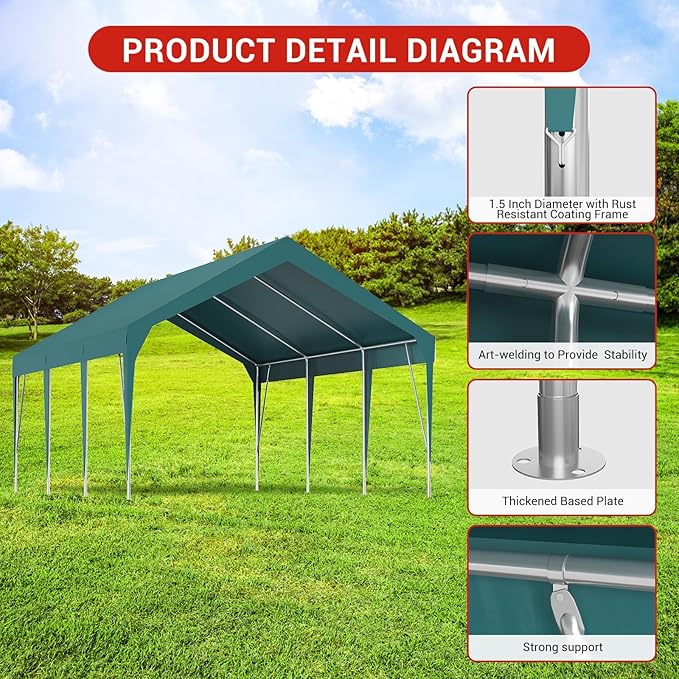 13 X 20FT Heavy Duty Carport, Portable Garage Shelter, Portable Car Tent Garage Waterproof UV-Resistant for Car, Truck
