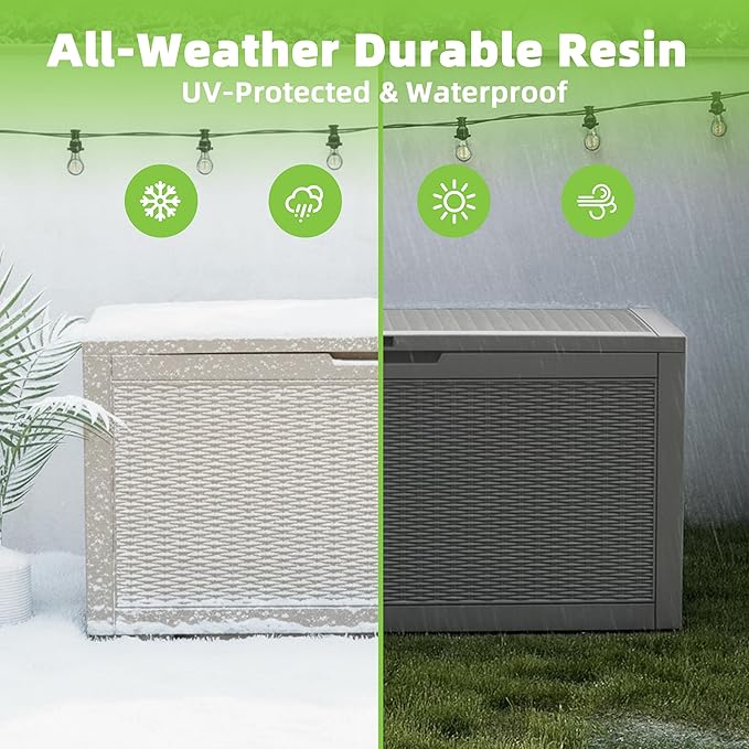 EasyUp 120 Gallon Outdoor Storage Box Waterproof, UV Resistant Resin Deck Box with Hydraulic Rod, Reinforced Stability for Patio, Garden, and Pool, Striped Gray