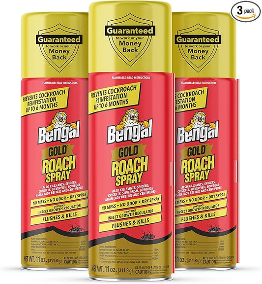 Bengal Gold Roach Spray - Odorless, Stain-Free Bug Spray for Home - Prevents Reinfestation for Up to 6 Months - 11 oz, 3 Pack