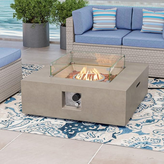 COSIEST Square Outdoor Sandstone Propane Fire Pit w Wind Guard, CSA Certified, 50,000 BTU Stainless Steel Burner, 35-inch, Free Lava Rocks and Rain Cover, Tank Outside, Metal Lid (Gray)