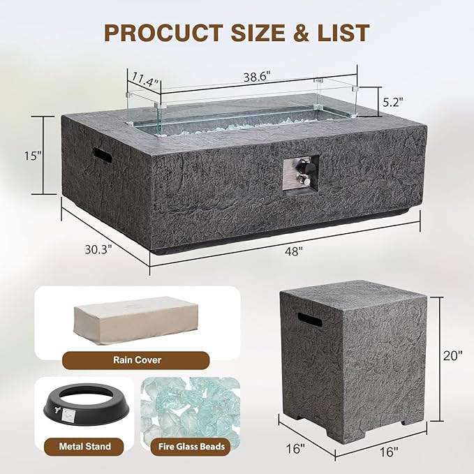 Outdoor Propane Fire Pit Table Set for Patio, Garden & Backyard (Dark Slate Gray, 48" Fire Table 3-Piece Set)