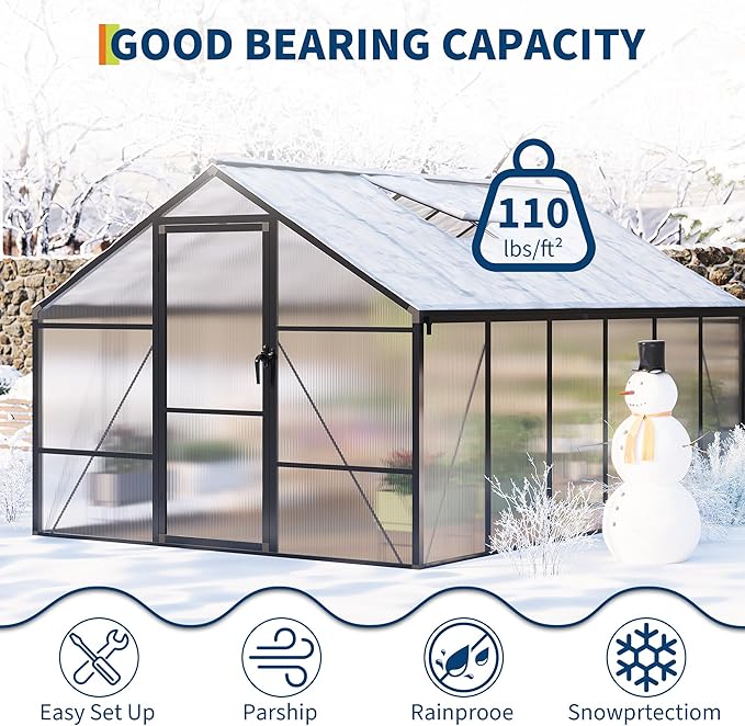 8x12 ft Greenhouse for Outdoors, Polycarbonate Greenhouse with Roof Vent, Ground Nails, Lockable Push Door, Aluminum Large Walk-in Green House for Outside Garden Backyard, Patio, Lawn, Black