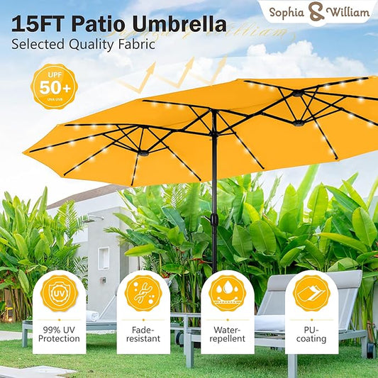 Sophia & William 15 ft Extra Large Patio Umbrella with Solar Lights, Rectangular Outdoor Umbrella with Base Included, Market Umbrella Double-sided Heavy Duty for Pool Garden Backyard, Golden yellow