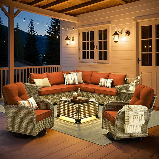 HOOOWOOO Outdoor Sectional Patio Furniture Set,9 Pieces Wicker Conversation Sets L Shaped Couch,Extra Deep Out Door Sofa Outside Furniture with Rocking Chairs,Brick Red