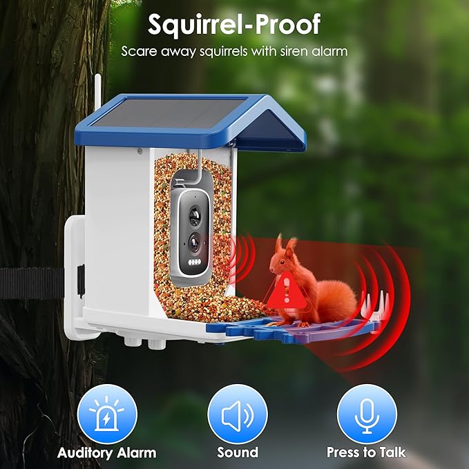 Bird Feeder with Camera, 2.5K UHD, AI Bird Species Recognition, Solar Powered, Instant Arrival Alerts, Weatherproof Squirrel-Proof Birdhouse with WiFi App Live View, 32GB Card & Accessories Included