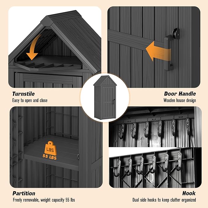 Outdoor Storage Shed with Removable Shelves, Waterproof Resin Outdoor Storage Cabinet for Small Patio, Balcony, Backyard, Vertical Storage Shed with 12 Hooks for Garden Tools, Grilling Supplies, Black