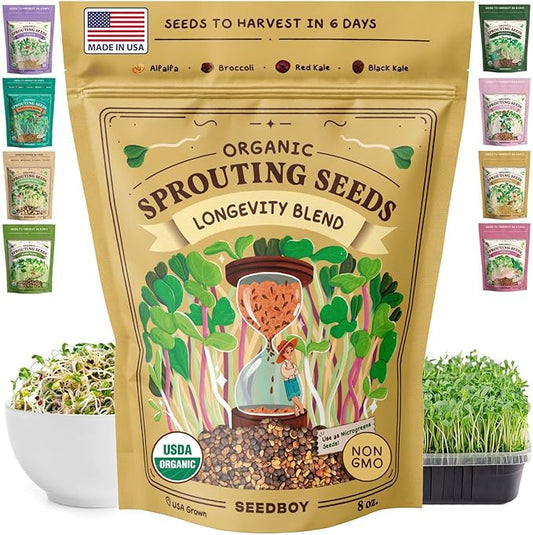 Seedboy Organic Non-GMO Sprouting Seeds, Longevity Blend – USA Grown Microgreens Mix with Broccoli, Red Kale, Black Kale, Alfalfa - 8 oz Bag Makes 6 Quarts / 20 Servings (Longevity Blend)