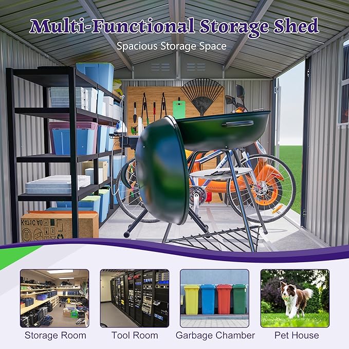 ZMAD Outdoor Storage Shed Metal, Large Garden Tool Sheds Outdoor with Lockable Doors, Waterproof Steel Utility Storage Building (Gray, 8X 10ft /Floor Frame)
