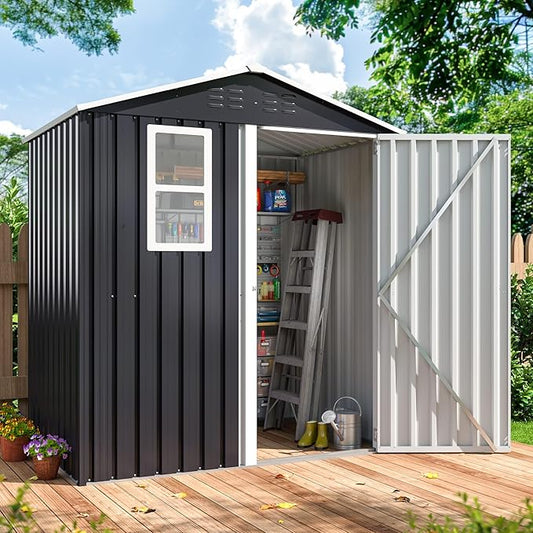 6x4 FT Outdoor Storage Shed, Metal Garden Tool Shed with Updated Frame Structure, Lockable Doors and Windows, Ideal for Backyard Garden Patio Lawn, Grey