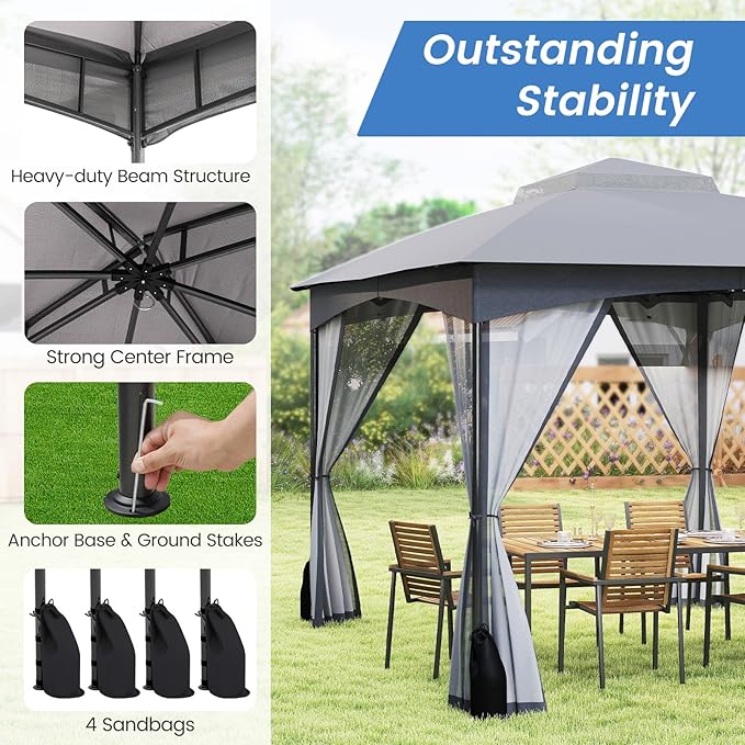 Tangkula 10x12 FT Outdoor Gazebo with Netting, Double Roof Patio Shelter with 4 Sandbags, Zippered Doors, Heavy-Duty Metal Frame, Metal Patio Gazebo for Yard Garden Lawn (Grey)