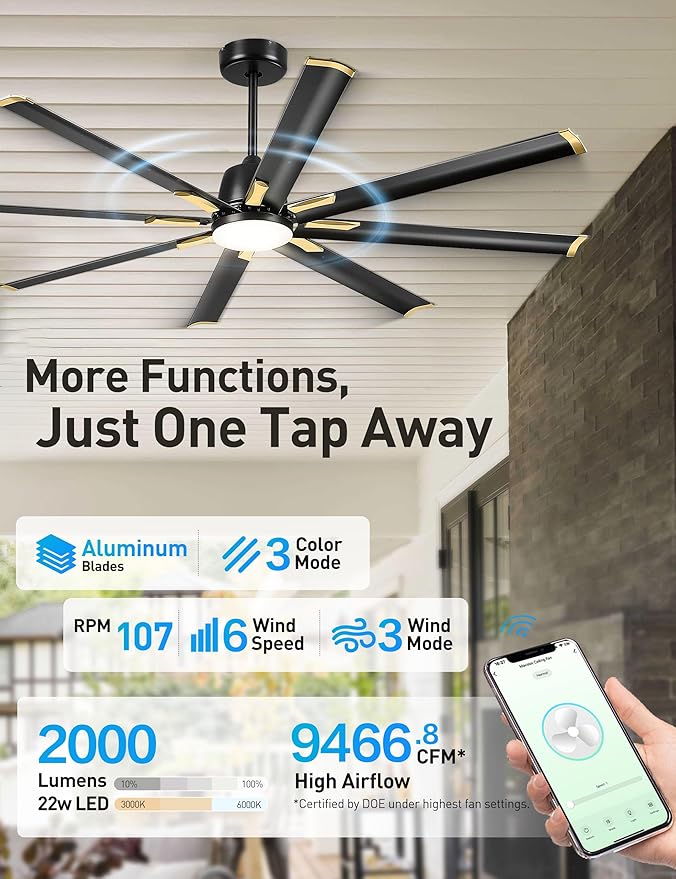 72 Inch Ceiling Fan with Light,Industrial Ceiling Fan with 8 Aluminium Blades,Black Gold Smart Fan Compatible with Alexa,Garage Outdoor Indoor Fan for Patio and Living Room