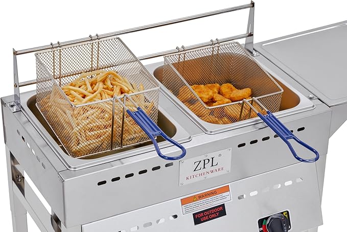 ZPL Kitchenware Deep Fryer – Propane Deep Fryer for Outdoor- 18 Qt Stainless Steel Commercial Quality Double Fryer with Baskets, Lids & Hose - Ideal for Frying Fish, Wings, and More