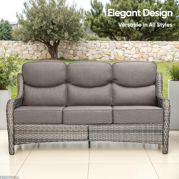 Swivel Patio Chairs sofa Set of 7 with 6" Thick Cushion - Wicker Outdoor Swivel Rocker Patio Chair ,Sofa/Glass coffee table, High Back Comfortable Outdoor Glider Chairs - Gery Wicker | Gery Cushions