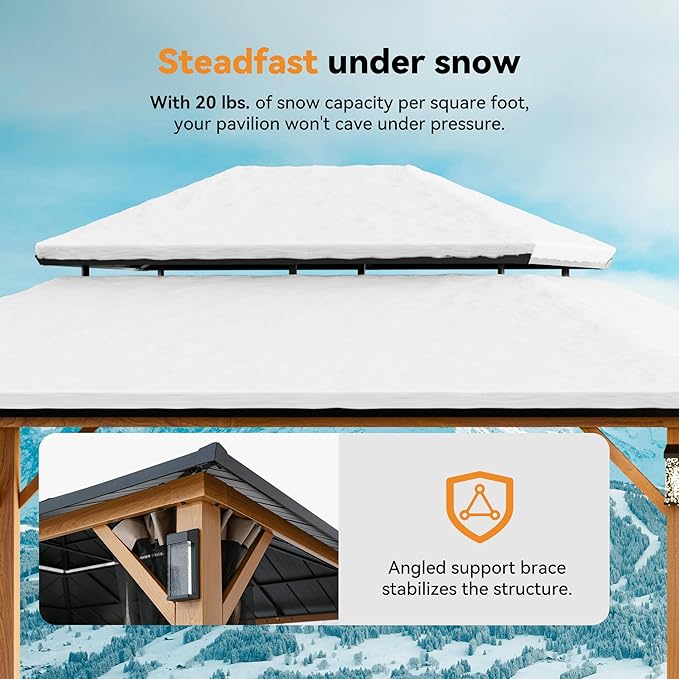 Modern Shade The Horizon Hardtop Gazebo 10' x 14' with 4 LED Lights, Permanent Outdoor Gazebo with Galvanized Steel Double Roof, Grill Pavilion with Decor Hooks, Mosquito Nettings, Wood Grain