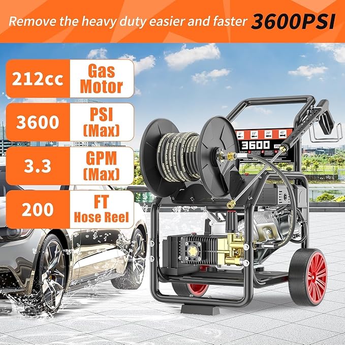 KARHDIR 3600PSI Gas Pressure Washer with Hose Reel, One-Button Start 212cc 7HP 4-Cycle Engine, 3.3 GPM Heavy Duty Power Washer with 50FT 3/8" Hose, Spray Gun & Wand, 5 Quick Connect Nozzles