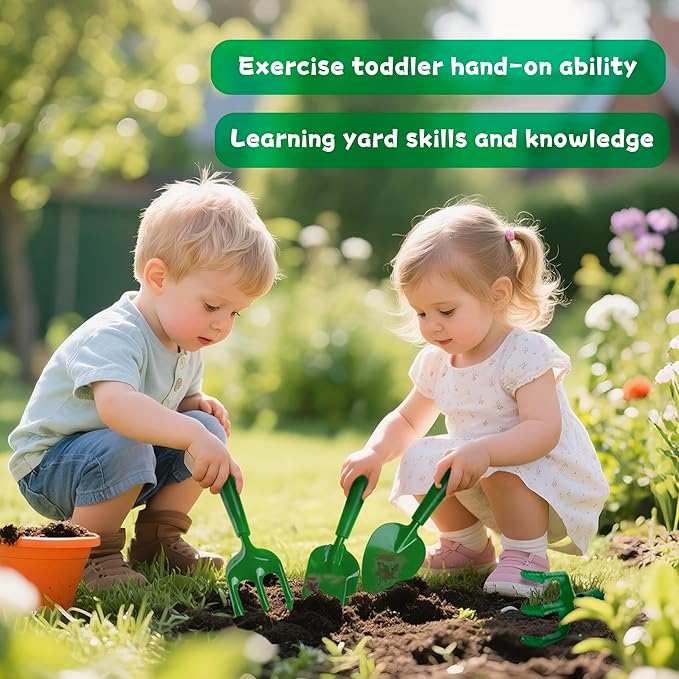 Duckura Kids Wheelbarrow Set - Gardening Tools for Kids with Shovel, Rake, Trowel, Outdoor Yard Lawn Digging Weed Toys, Valentine's Birthday Gifts for Boys Girls Age 2 3+Years Old(Green A)