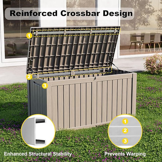 ROJIK Outdoor Storage Housing Deck Box - Waterproof Patio Furniture, Garden Tools, Cushions, Pool Accessories Storage Bench with Lockable Lid and Side Handles (Grey 158 Gal)