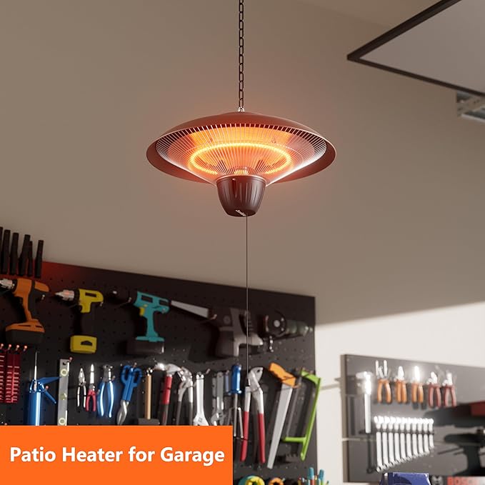 Patio Heater for Outdoor Use 1500W Electric Infrared Hanging Heater, Ceiling Mounted, Waterproof for Porch, Garage, Balcony, Overheat Protection Brown