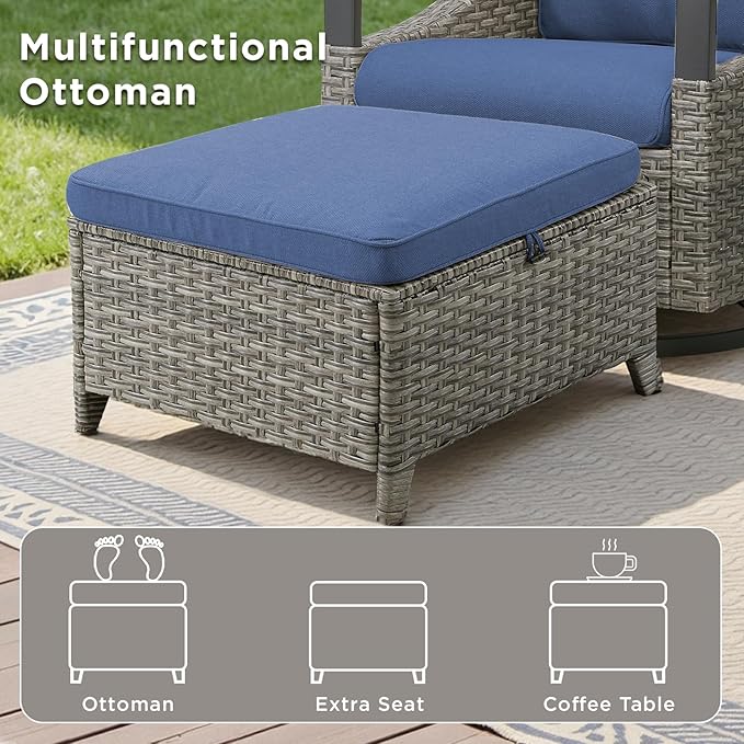 5 Pieces Patio Furniture Set - High Back Outdoor Swivel Rocker Chairs with Thick Cushions 2 Ottoman and Side Table, Wicker Patio Conversation Sets for Porch Deck Garden Backyard Gray/Blue