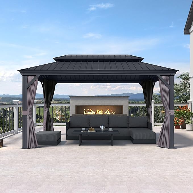 PURPLE LEAF 11' X 15' Hardtop Gazebo Aluminum Gazebo with Galvanized Steel Double Roof for Patio Lawn and Garden Curtains and Netting Included Grey