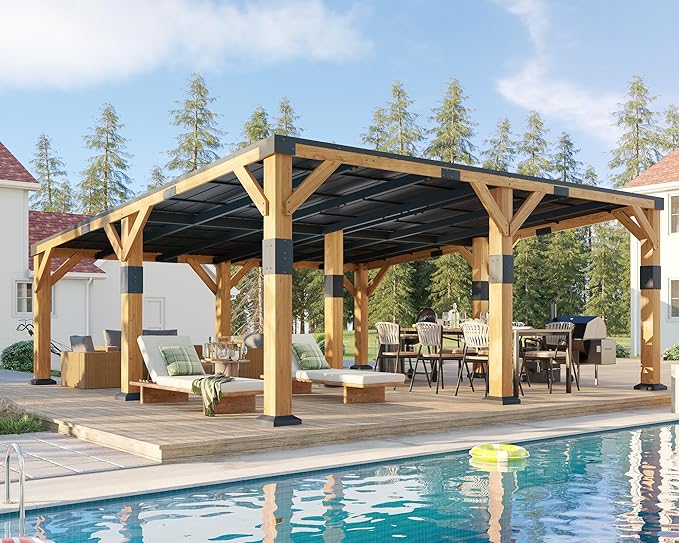 Jocisland 20' x 20' Cedar Wood Gazebo with Sloped Galvanized Steel Roof, Hardtop Gazebo Pavilion with Durable, Rot-Resistant Construction, Permanent Outdoor Pergola for Backyard, Garden & Deck