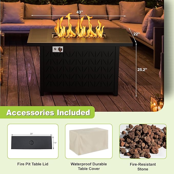 43'' Propane Fire Pit Table, 2 in 1 Rectangular Outdoor Fireplace, Outside Patio Deck and Garden, Gas Fire Pit Table with Lid and Stone, 50,000 BTU Adjustable Flame