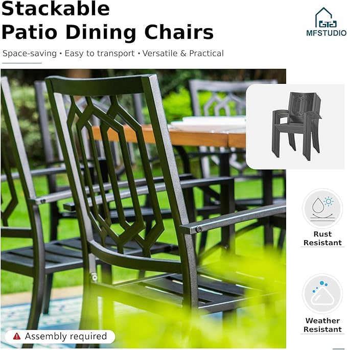 MFSTUDIO Outdoor Dining Set for 6, Patio Table and Chairs Set with Umbrella Hole, 7 Piece Patio Dining Set with Stackable Chairs and Swivel Chairs