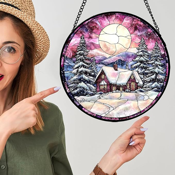 AMDERVEN Stained Glass Window Hanging - Winter Snow Scene Cabin Moon Sun Catcher for Door Garden Home Decor Pine Tree Suncatcher Christmas Mother's Day Birthday Gifts for Women Men Mom Nana 7.8 in