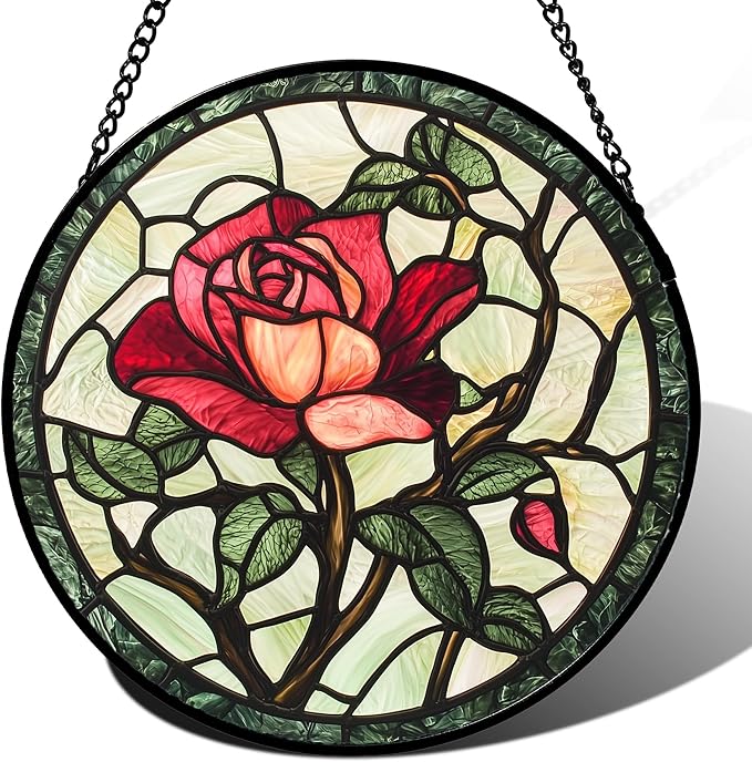 AMDERVEN Stained Glass Window Hanging, Red Rose Flowers Sun Catcher for Door Garden Home Decor Suncatcher Christmas Mother's Day Birthday Gifts for Women Lovers Men Wife Girlfriend Mom Nana 11.8 in