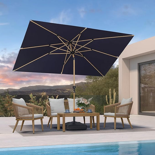 PURPLE LEAF 6.5' x 10' Outdoor Umbrella with Base Patio Umbrella Rectangular Outdoor Table Umbrella with Push Button Tilt & Crank and 8 Ribs Aluminum Market Umbrella for Backyard Deck, Navy Blue