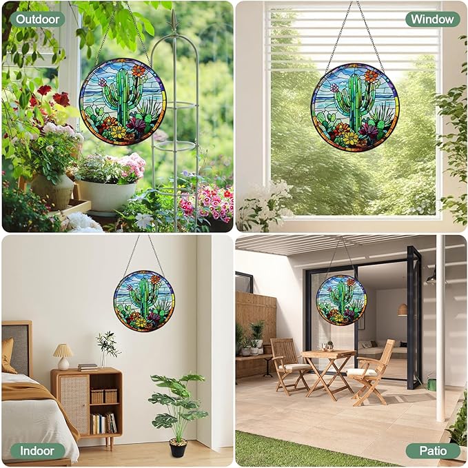 Wkyqes Cactus Handmade Stained Glass Window Hanging Suncatcher with Chain - 7.9" Arizona Outdoor/Indoor Art Decor for Home Garden, Wedding, Mother's, Valentine's & Christmas Ornaments Present