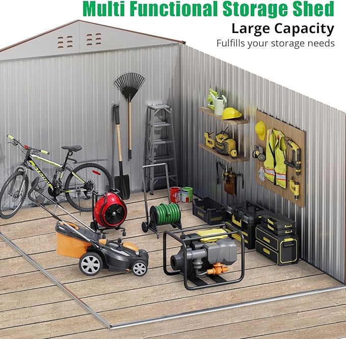 8X15 FT Metal Outdoor Storage Shed, Large Galvanized Steel Garden Tool Shed with Lockable Double Doors & Ventilation - Weatherproof Shelter for Bicycles, Lawn Mowers, Tools in Backyard