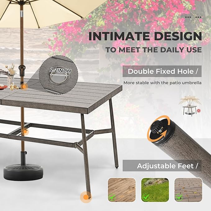 HAPPATIO 9-Piece Patio Table and Chairs Set for 8, Aluminum Outdoor Dining Set with Cushions, 8 Swivel Dining Chairs, 1 Large Rectangular Table with Umbrella Hole for Lawn, Porch, Backyard, Grey
