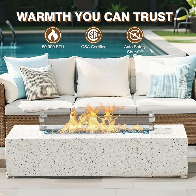 2-Piece Outdoor Propane Fire Pit Table Set – Premium Terrazzo-Like MgO Finish, 56-Inch Gas Fire Table with Glass Wind Guard for Patio, Garden & Backyard, Includes Rain Cover & Glass Beads