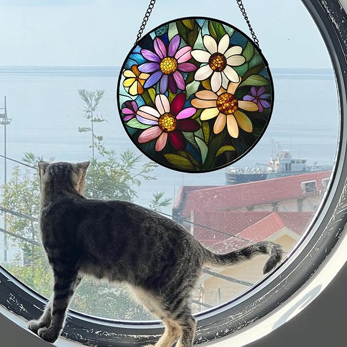 CRISGIF Stained Glass Window Hanging - Colorful Daisies Suncatcher for Door Garden Patio Retro Flower Sun Catchers Decor Christmas Mother's Day Birthday Gifts for Women Mom Nana Aunt Friend 6.3 in