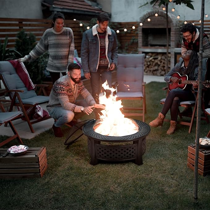 Giantex 3 in 1 Fire Pit, 32" Outdoor Wood Burning Fire Pit, Multifunctional Round Firepit Stove, Metal Fire Bowl with Cover, Portable Fire Pits for Outside Heating, Bonfire, Picnic, Grill