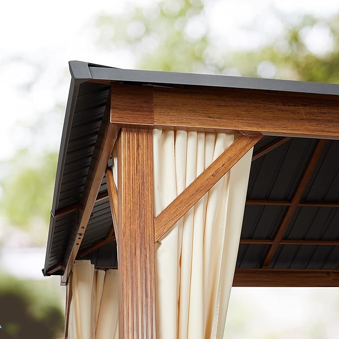 TOOLPORT Hardtop Gazebo 10x10 ft - Wood-Effect Finish - Steel Roof - 4 Side Panels in Champagne